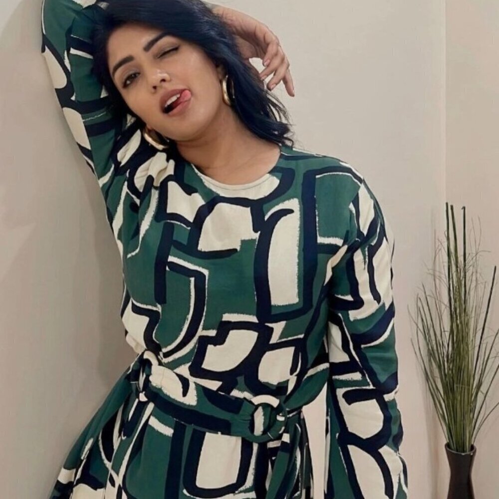 Zara The Frida Green Ecru Geometric Print Dress Long Sleeve Size XS 3198/262/500